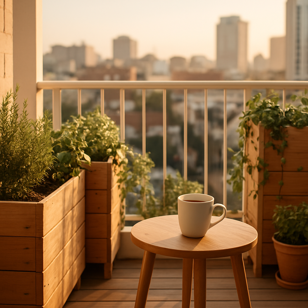 Timber planter boxes on a Melbourne apartment balcony