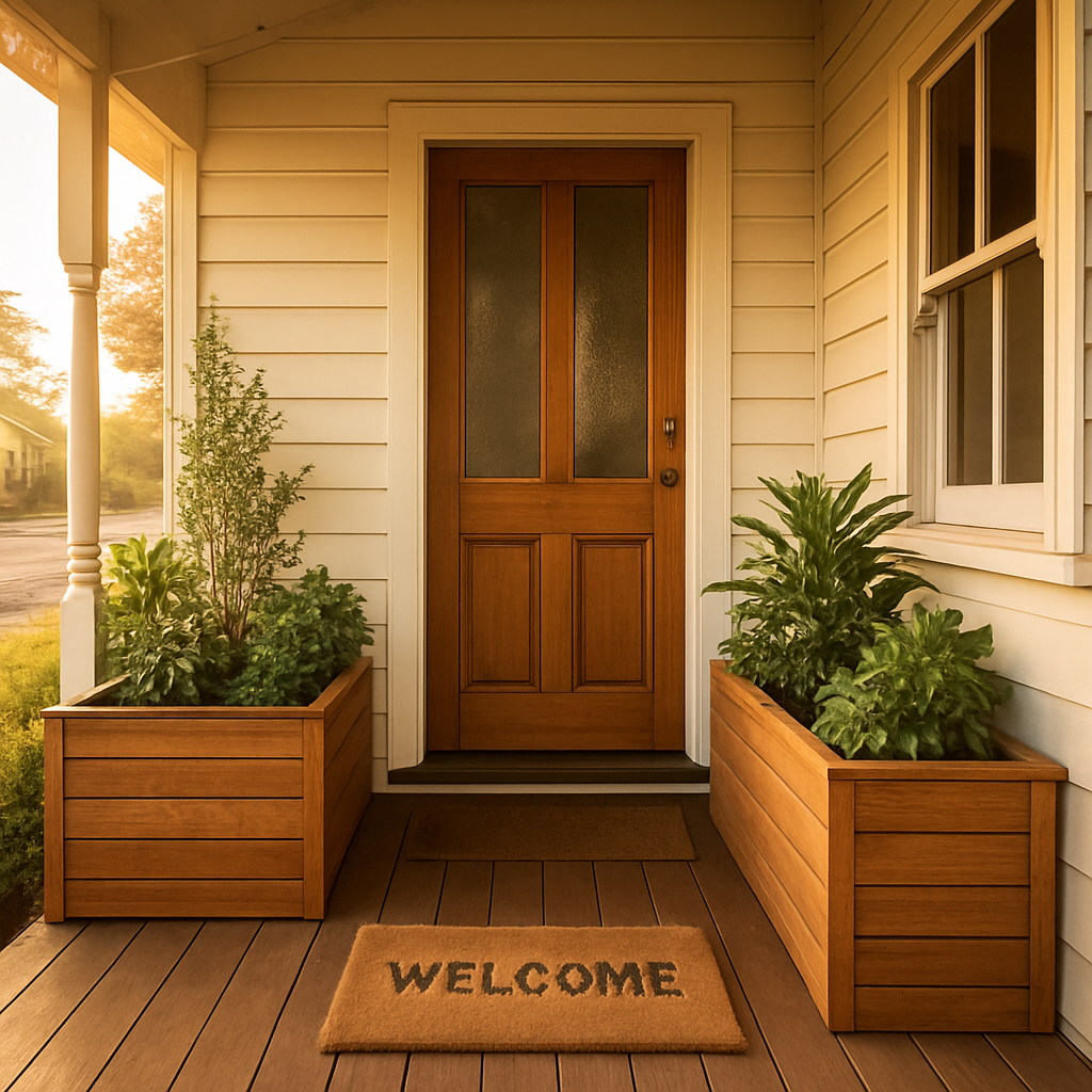 Timber planter boxes beside a front door in Melbourne