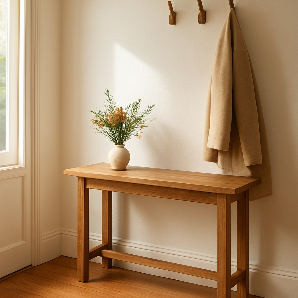 Handcrafted timber hall table in a Melbourne home entryway