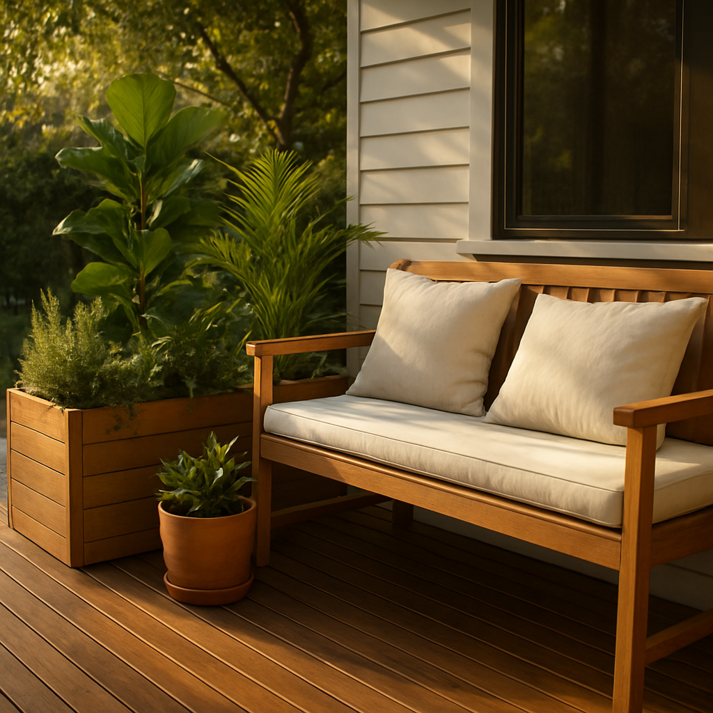 Timber outdoor bench seat and planter box on a Melbourne deck